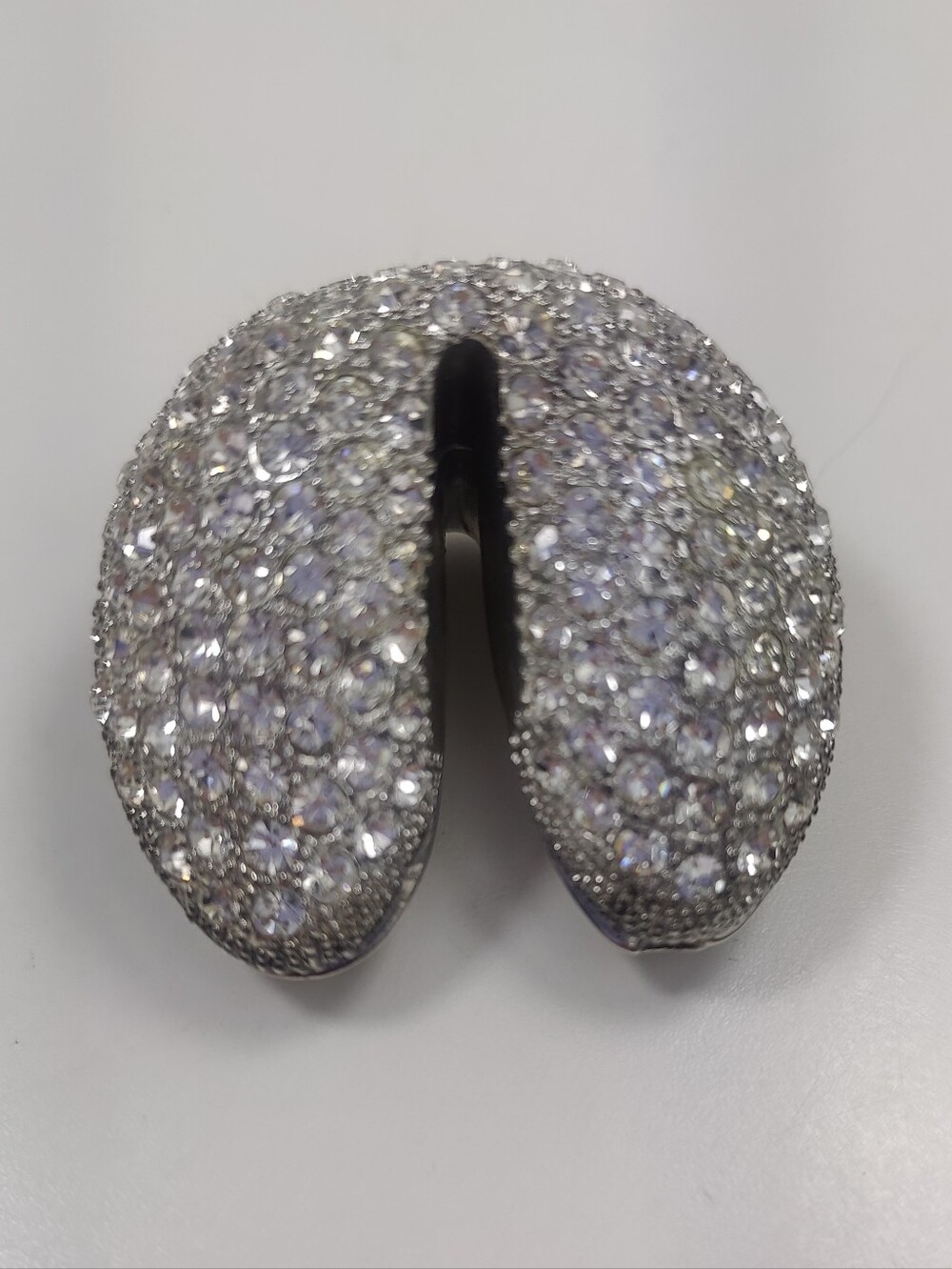 Vintage Fortune Cookie Trinket Box Rhinestone Silver Tone Hinged Keepsake